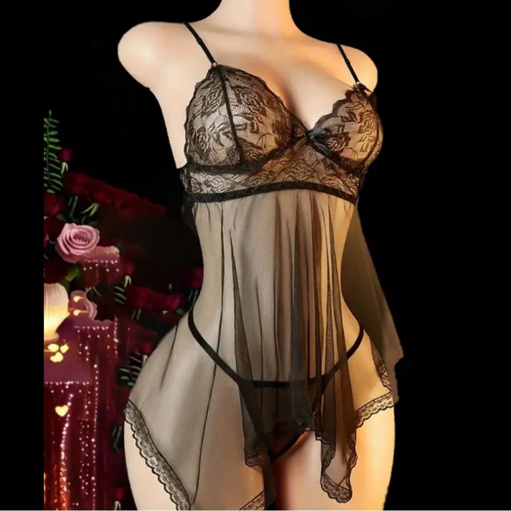 Black, Floral Lace, Sheer, Lingerie Slip - Picture 4 of 7